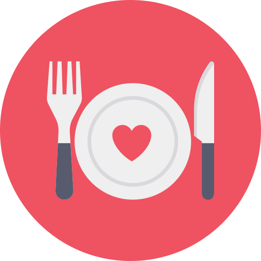 icon of a fork,plate with a heart sticker in the middle and a knife with a pink background color